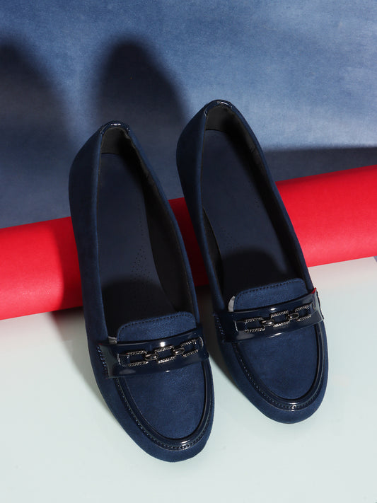 Blue Coloured Round Toe Buckle Detail Loafers