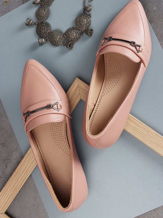 Women Peach Coloured Pointed Toe Comfort Insole Horsebit Ballerinas