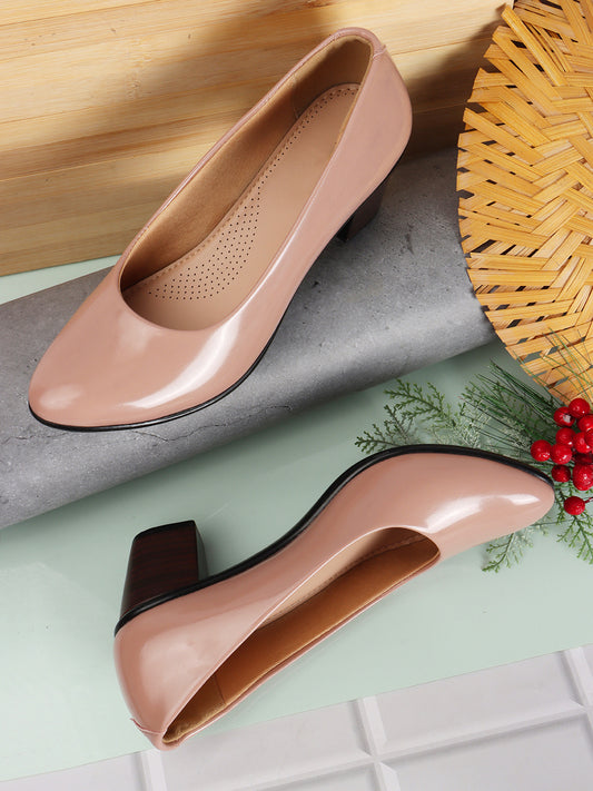Women Nude Coloured Patent Block Solid Pumps