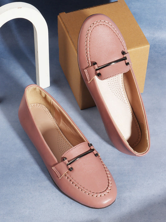 Women Nude Coloured Textured Embellished Round Toe Loafers