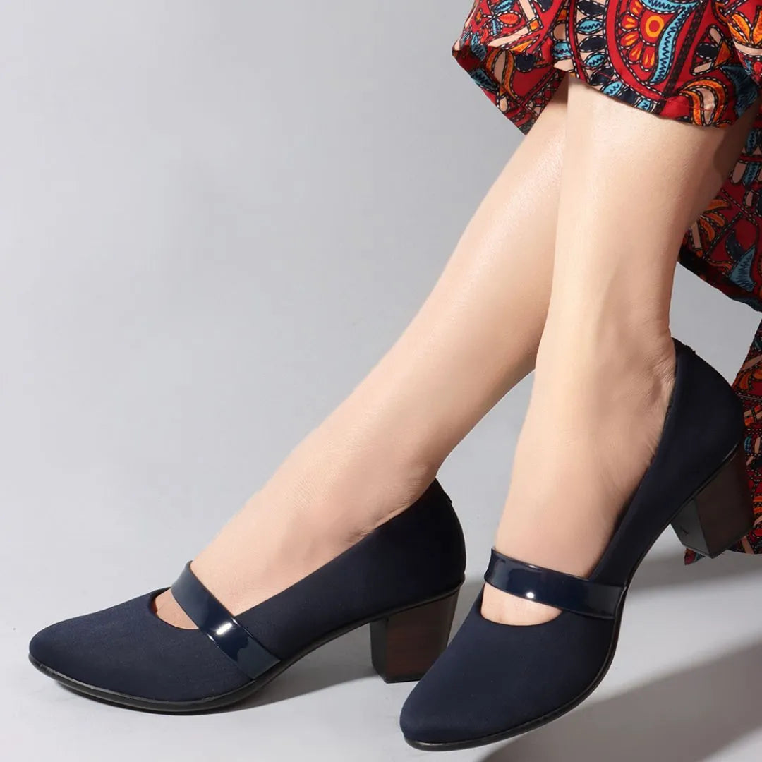Women Blue Coloured Block Heel Mary Janes