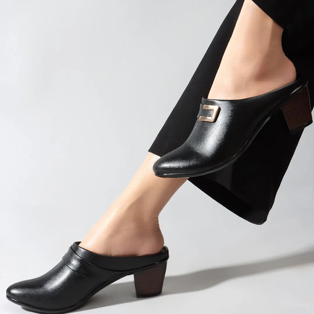 Black Coloured Buckle Detail Block Heel Mules