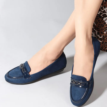Blue Coloured Round Toe Buckle Detail Loafers
