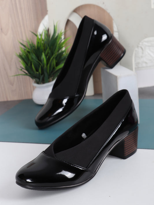 Women Black Coloured Block Heel Solid Pumps