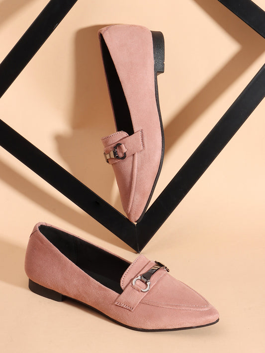 Women Peach Coloured Buckled Pointed Toe Lightweight Ballerinas