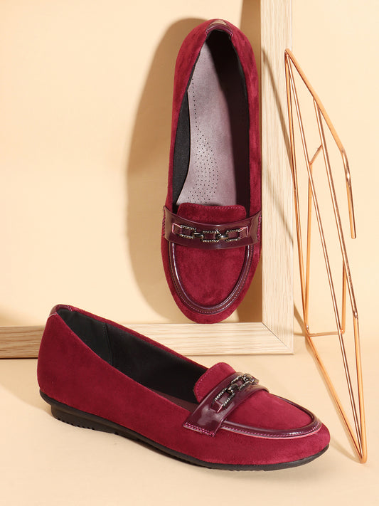 Cherry Coloured Round Toe Buckle Detail Loafers