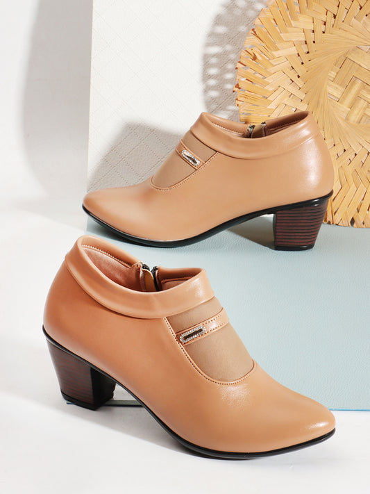 Women Beige Coloured Mid Top Block Heeled Boots