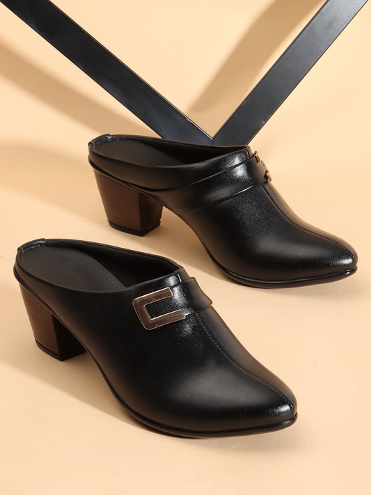 Black Coloured Buckle Detail Block Heel Mules