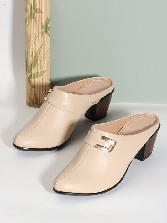 Cream Coloured Buckle Detail Block Heel Mules