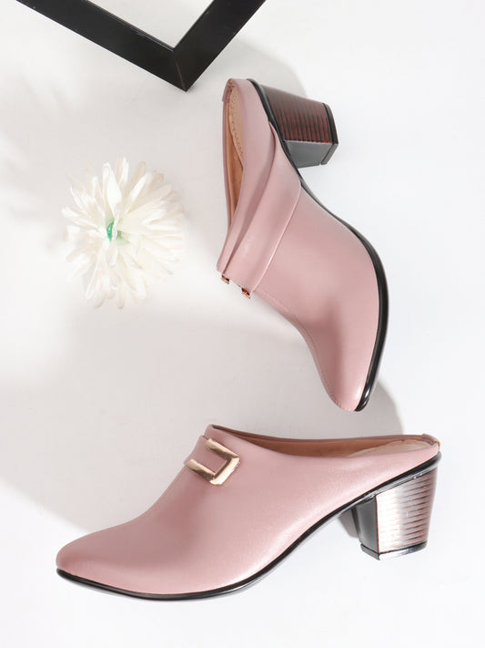 Nude Coloured Buckle Detail Block Heel Mules
