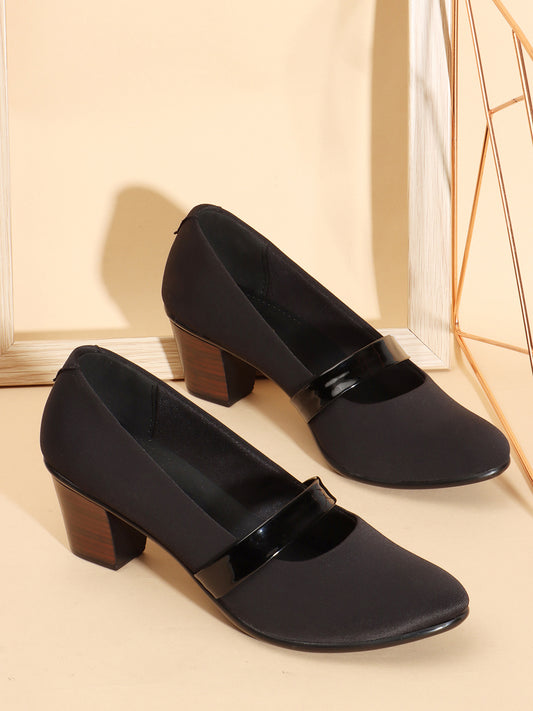 Women Black Coloured Block Heel Mary Janes