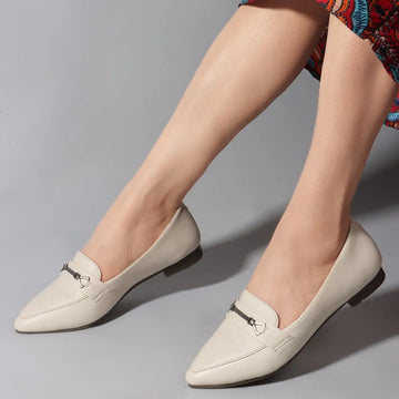 Women Cream Coloured Pointed Toe Comfort Insole Horsebit Ballerinas